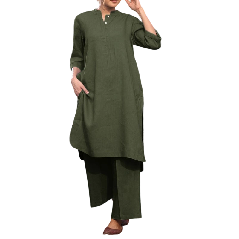 Mandarin Collar Tunic and Wide Leg Trouser Set