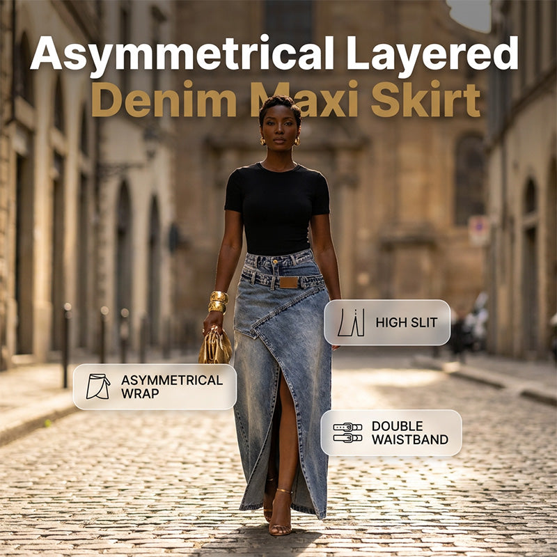 Asymmetric Denim Maxi Skirt