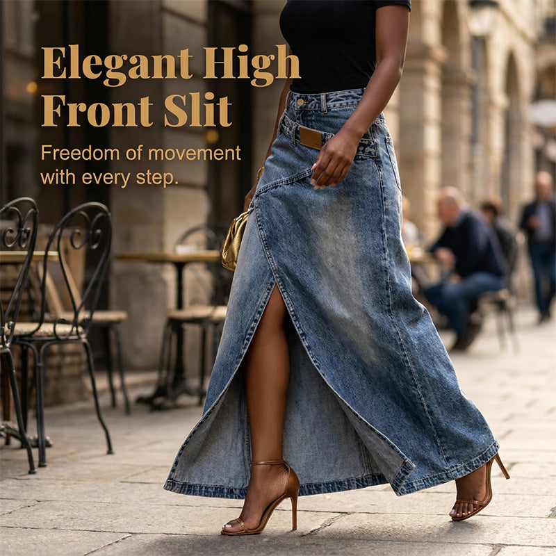 Asymmetric Denim Maxi Skirt