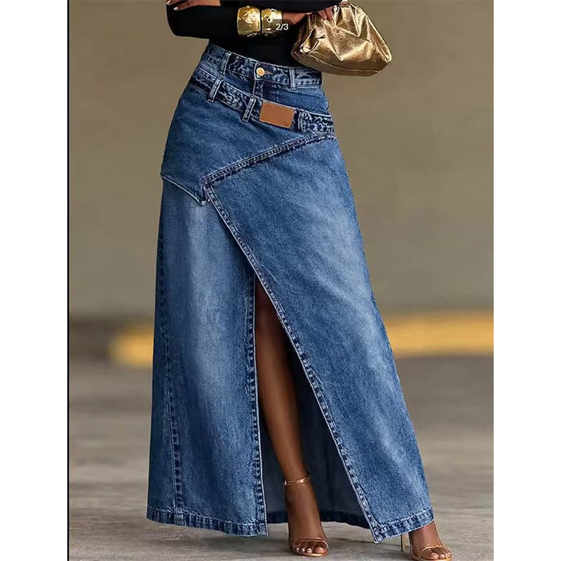 Asymmetric Denim Maxi Skirt