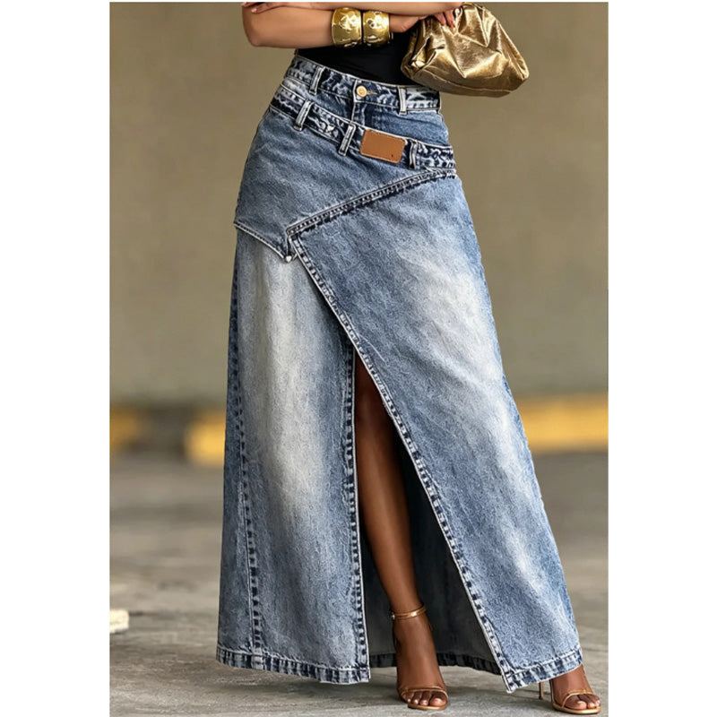 Asymmetric Denim Maxi Skirt