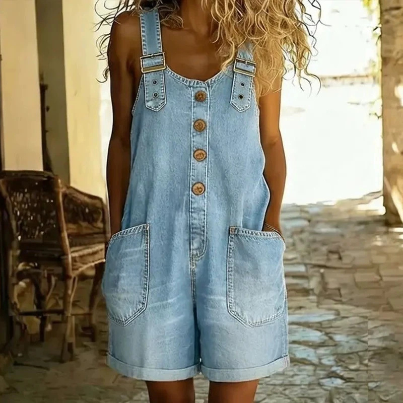 Adjustable Strap Denim Overall Shorts