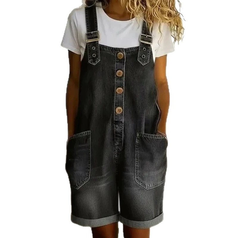 Adjustable Strap Denim Overall Shorts