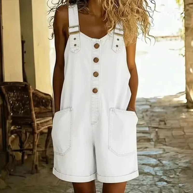 Adjustable Strap Denim Overall Shorts